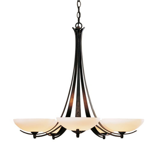 Black metal frame Aegis Chandelier by Hubbardton Forge, showcasing 5 hand-forged arms with frosted glass shades, epitomizing elegant American craftsmanship.