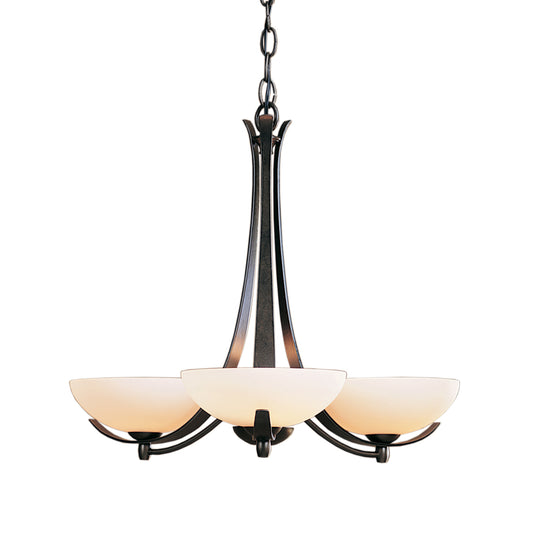 Hubbardton Forge Aegis Chandelier features hand-forged bronze arms, frosted glass shades, and a chain suspension, highlighting its exquisite American craftsmanship in designer lighting.