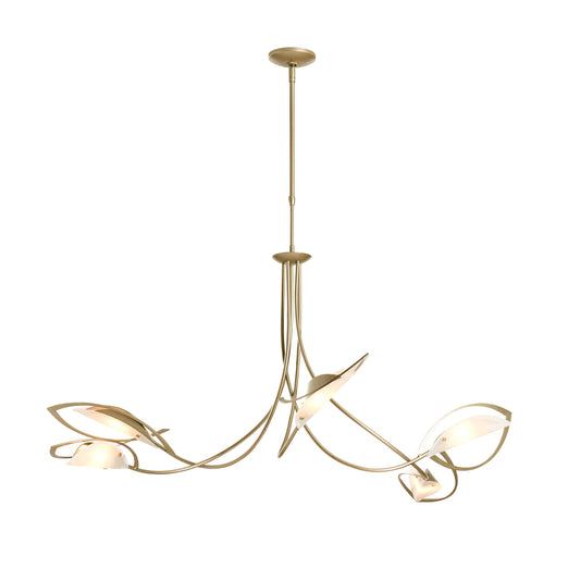 Aerial Pendant by Hubbardton Forge featuring modern gold metal curves and four white glass lampshades.