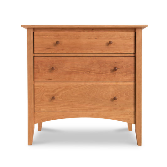 American Shaker 3-Drawer Chest by Maple Corner Woodworks with three spacious drawers, round knobs, and a smooth natural wood finish crafted from solid wood.