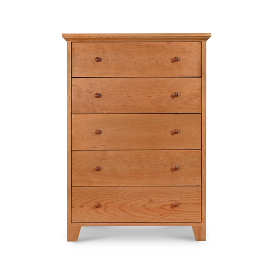 Handmade Lyndon Furniture American Country 5-Drawer Chest with round knobs and four legs, crafted from sustainable wood.