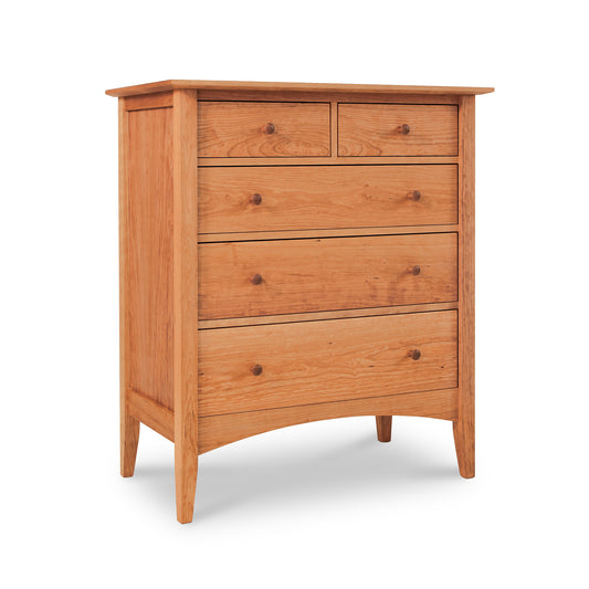 American Shaker 5-Drawer Chest by Maple Corner Woodworks, handcrafted in wood with a natural finish and round knobs, showcasing timeless American Shaker elegance.