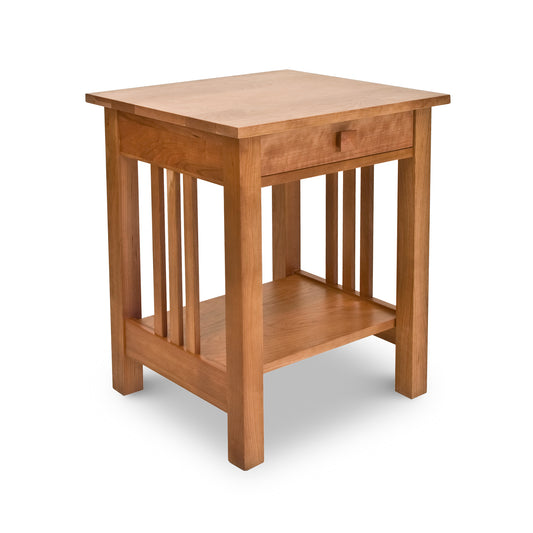 Lyndon Furniture American Mission Nightstand in solid cherry, with single drawer, open shelf, square top, and signature vertical slat detailing.