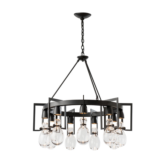 Black metal Apothecary Circular Chandelier by Hubbardton Forge with hand-blown clear glass shades, designed for ceiling mounting via elegant chains.