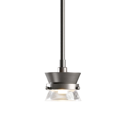 Modern Hubbardton Forge Apparatus Mini Pendant with metallic stem and conical glass shade, perfect for enhancing any furniture setting.