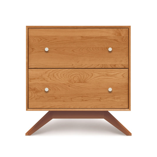 Copeland Furniture Astrid Nightstand with Scandinavian design, light brown finish, silver knobs, and wide angled legs.
