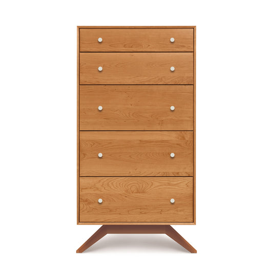Astrid 5-Drawer Chest by Copeland Furniture, solid cherry with metal knobs and splayed legs, contemporary design.