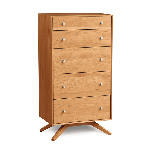 Astrid 5-Drawer Chest by Copeland Furniture in solid cherry wood with modern metal knobs and sleek angled legs.