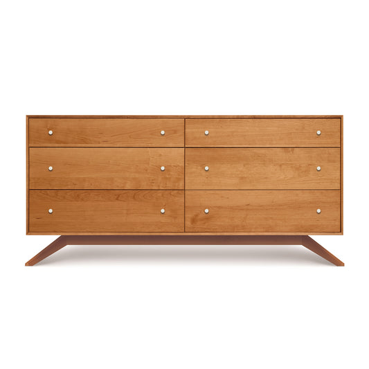 Copeland Furniture Astrid 6-Drawer Dresser in solid cherry with silver knobs and distinctive angled legs.