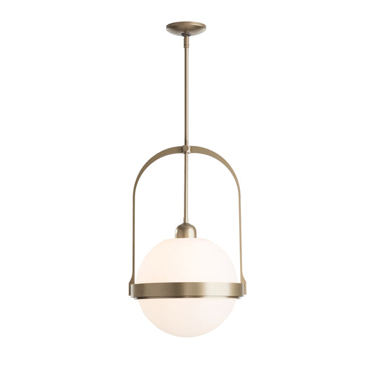 Atlas Mini Pendant featuring a round white globe crafted in hand-forged steel, exuding timeless elegance by Hubbardton Forge.