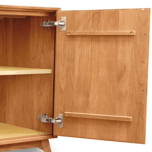 Copeland Audrey 2-Door 3-Drawer Buffet in solid hardwood, open to display shelves and drawers, crafted in Vermont with fine woodwork and quality hardware.