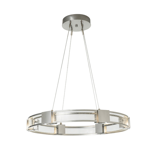 Modern handcrafted Hubbardton Forge Aura Glass Pendant with chrome finish, highlighting geometric design, suspended from four cables.