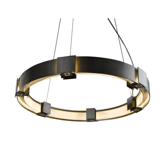 Modern black and gold Aura Pendant chandelier with integrated lighting and geometric accents, handcrafted by Hubbardton Forge in Vermont.