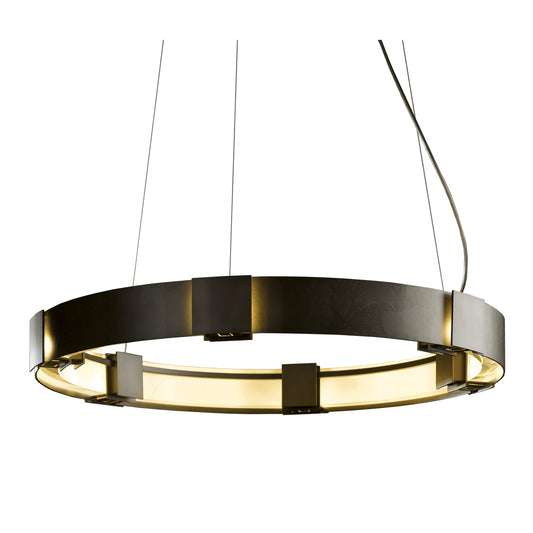 Handcrafted Hubbardton Forge Aura Pendant with a dark frame and glowing inner ring, highlighting its elegant design and craftsmanship.