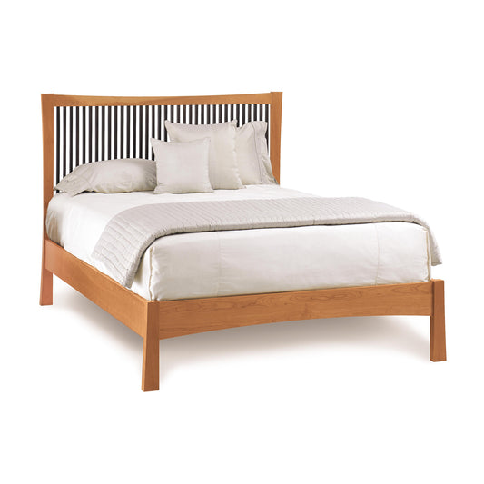 Copeland Furniture Berkeley Cherry Platform Bed with distinctive striped cherry wood headboard and sturdy platform design, shown with simple white bedding.