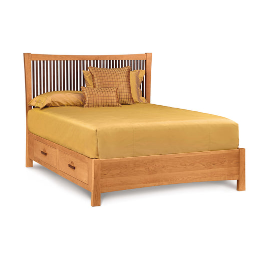 Copeland Furniture Berkeley Cherry Storage Bed featuring a slatted headboard and built-in drawers, highlighting its elegant design and practical storage solutions.