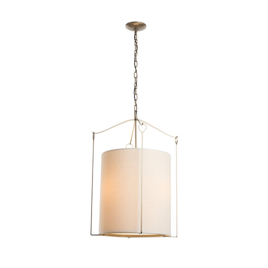 Tall Bow Pendant light fixture featuring a beige fabric cylinder shade, crafted by Hubbardton Forge with eco-friendly forged metal and sturdy chain.