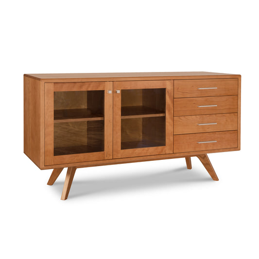 Brighton Buffet by Lyndon Furniture featuring solid wood construction, two glass doors, four drawers, and mid-century modern angled legs.