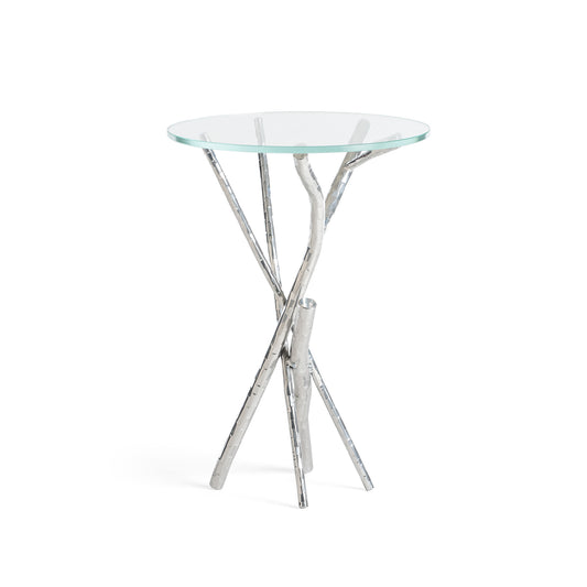 Brindille Accent Table by Hubbardton Forge with round tempered glass top and intricate handcrafted metal rod base.