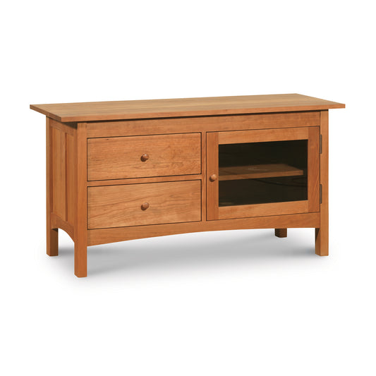 Burlington Shaker Media Console, natural wood TV unit with 2 left drawers and right glass-front cabinet by Vermont Furniture Designs.