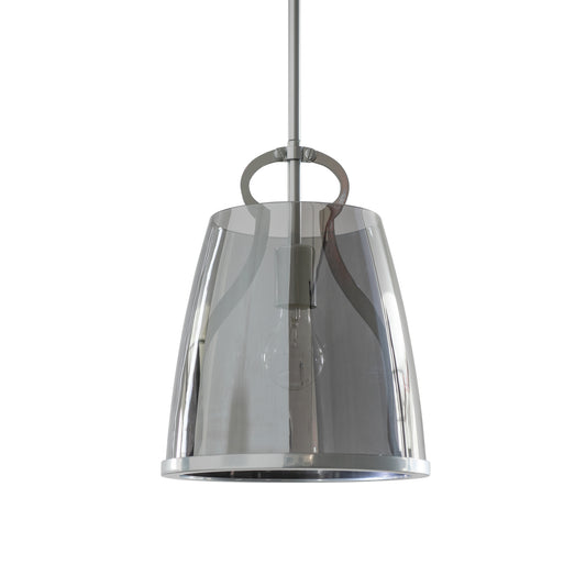 Industrial metal Hubbardton Forge Caliper Pendant with transparent glass shade and visible bulb, highlighting its sleek, contemporary design.