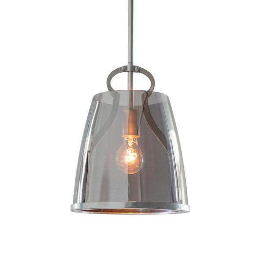 Hubbardton Forge Caliper Pendant features a tinted glass shade and exposed filament bulb, elegantly suspended by an industrial metal rod.