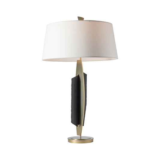 Cambrian Table Lamp by Hubbardton Forge with white shade, black accents, and handcrafted Vermont steel base.