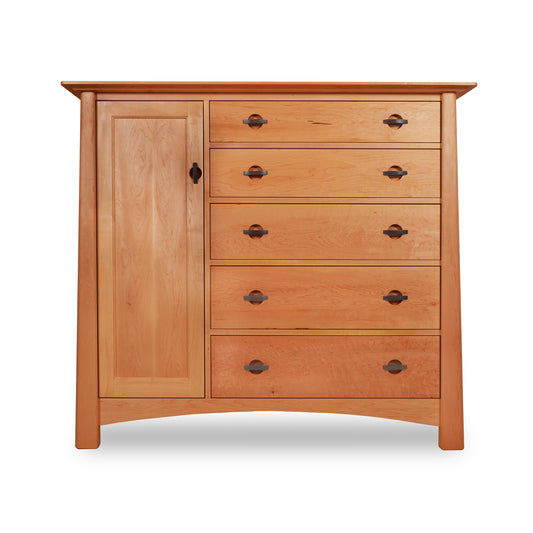 Cherry Moon Gent's Chest by Maple Corner Woodworks: Handcrafted design with a left-side door and five right-side drawers, accented by black metal handles and finished with eco-friendly oil.