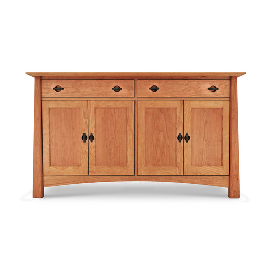 Cherry Moon Large Sideboard crafted from sustainably harvested hardwoods with eco-friendly oil finish, featuring two upper drawers and four cabinet doors with black handles.