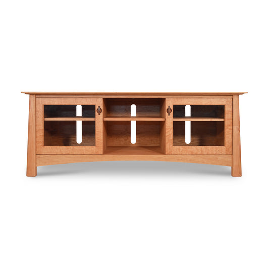 Cherry Moon 68" TV Console by Maple Corner Woodworks, featuring natural cherry wood with two glass-paneled cabinets and centered open shelves, illustrating classic Vermont craftsmanship.
