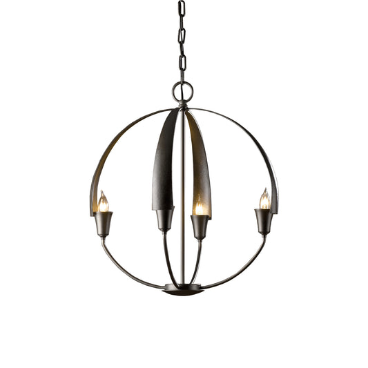 Hubbardton Forge Cirque Chandelier with three elegant candle-style bulbs, showcasing detailed craftsmanship and suspended by a sturdy chain.