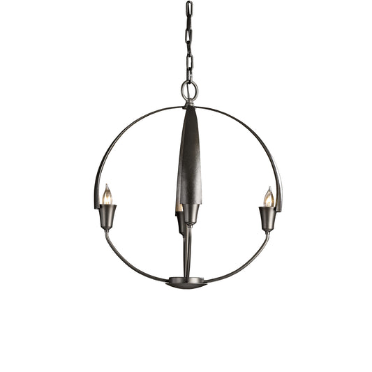 Hand-crafted Hubbardton Forge Cirque Chandelier with a modern circular metal frame and three candle-like bulbs, showcasing elegant craftsmanship.
