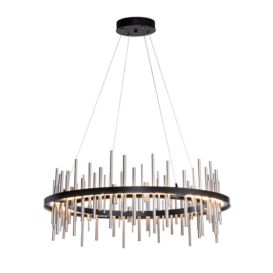 Modern Hubbardton Forge Circular Cityscape Pendant, black frame with vertical light-embedded rods, elegant lighting centerpiece.