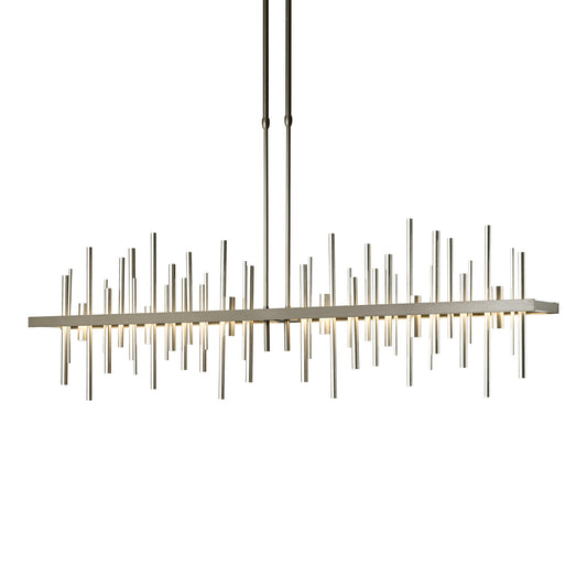Modern Vermont-crafted Cityscape Large LED Pendant chandelier by Hubbardton Forge with vertical metal rods.