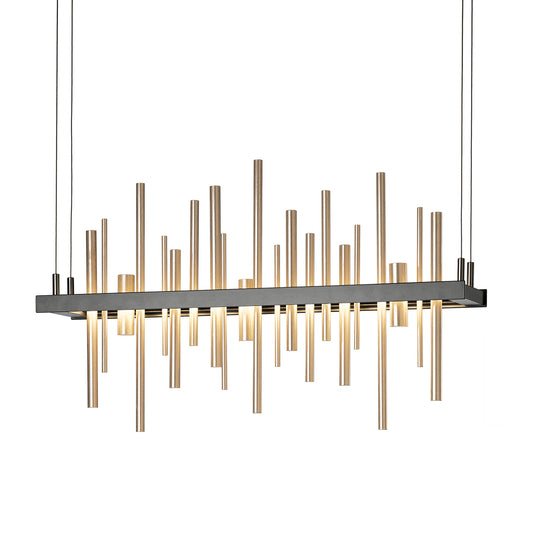 Modern Hubbardton Forge Cityscape LED Pendant featuring vertical gold rods on a sleek black bar.