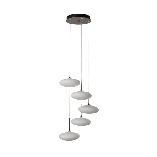 Hubbardton Forge Clouds 5-Light Pendant with five round white glass shades, suspended at varying heights, showcasing elegant modern lighting design.