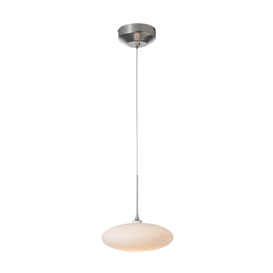 Clouds Low Voltage Mini Pendant by Hubbardton Forge with a round frosted glass shade and metal stem, highlighting the elegant lighting fixture design.