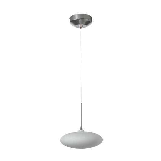 Clouds Low Voltage Mini Pendant by Hubbardton Forge with a round, flat white shade and minimalist metallic accents, showcasing modern American-made lighting design.