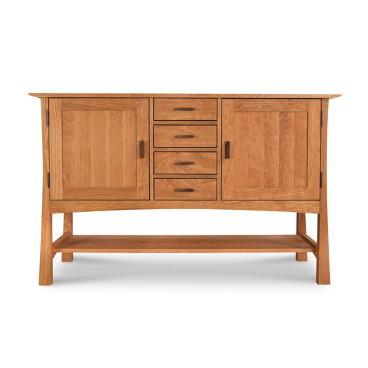 Solid wood Vermont Furniture Designs Contemporary Craftsman Huntboard with 2 cabinets, 3 drawers, and an open shelf.