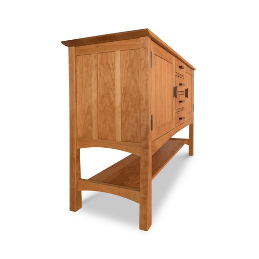 Solid wood Contemporary Craftsman Huntboard with two drawers, cabinet doors, short legs, and a lower open shelf. Made by Vermont Furniture Designs.