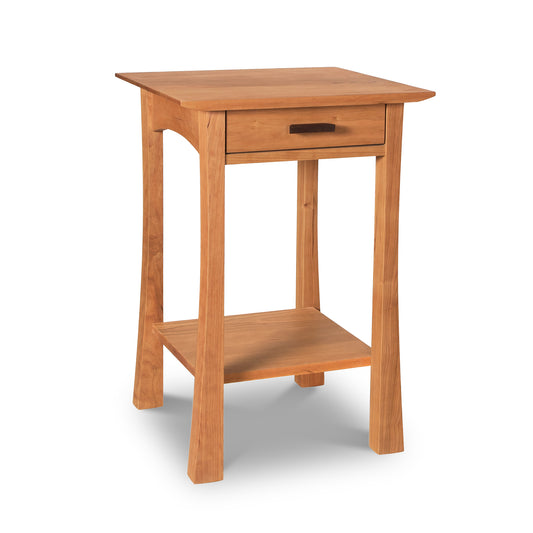 Contemporary Craftsman Nightstand by Vermont Furniture Designs featuring a single drawer, lower shelf, eco-friendly finish, and elegant curved legs.