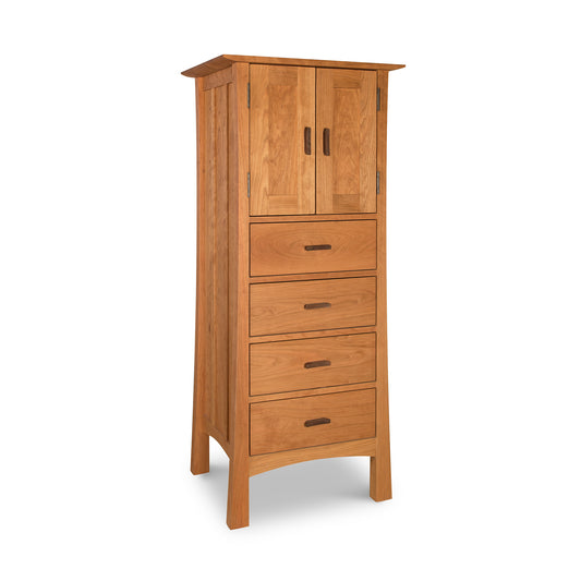 Contemporary Craftsman Tall Storage Chest with four drawers, a cabinet, and metal handles in natural wood finish, handcrafted by Vermont Furniture Designs.