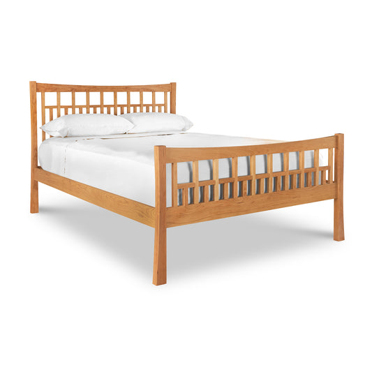 Contemporary Craftsman High Footboard Bed in light brown solid wood with slatted headboard and footboard by Vermont Furniture Designs.