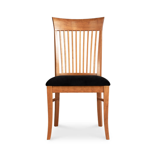 Contemporary Shaker Chair with black cushioned seat and slatted backrest, showcasing handcrafted sustainable elegance by Vermont Woods Studios.