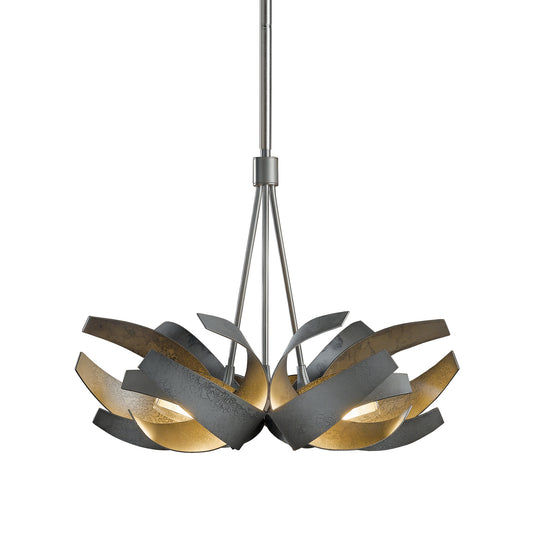 Modern Hubbardton Forge Corona Pendant featuring swirling metal strips encasing handcrafted lights.