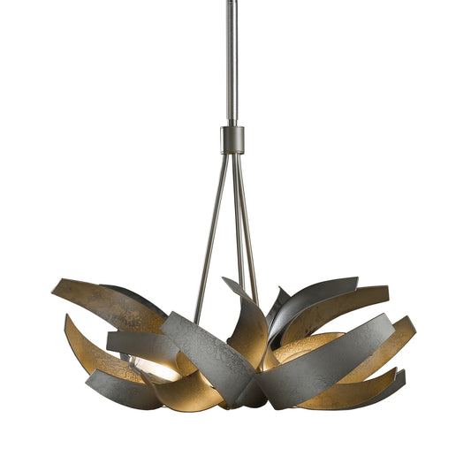 Modern Hubbardton Forge Corona Pendant with swirling gray and gold layers, metallic finishes, hanging elegantly from a sleek central rod.