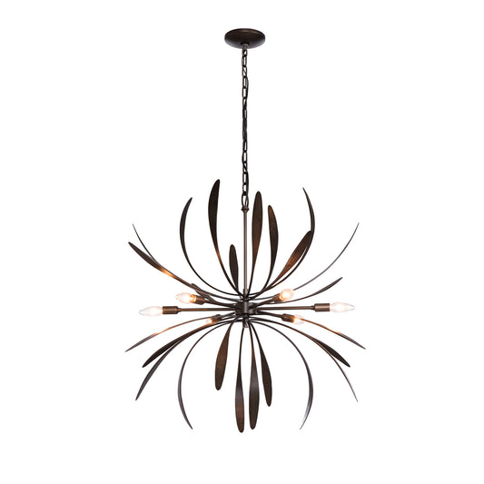 Black spherical Dahlia Chandelier by Hubbardton Forge featuring leaf-like arms and exposed bulbs.