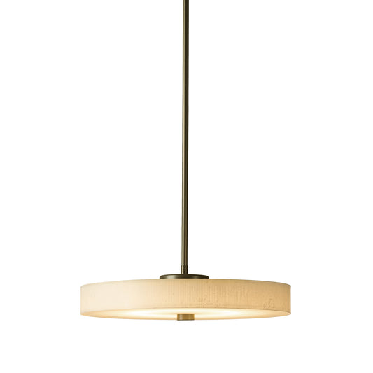 Disq Pendant by Hubbardton Forge with cream shade, metal rod, and dimmable LED light, highlighting elegant design and warm glow.