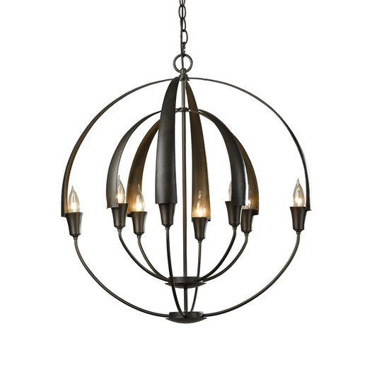 Hand-crafted Hubbardton Forge Double Cirque Chandelier with six candle bulbs and gracefully curved arms, made using sustainable metal forging techniques.