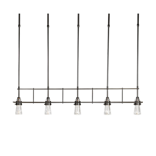 Erlenmeyer 5-Light Pendant by Hubbardton Forge with clear glass shades on black metal rods, showcasing a sleek, modern industrial design.